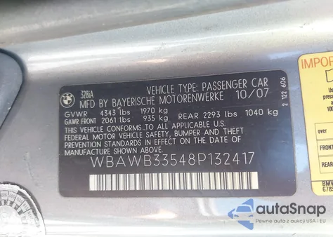 2008 BMW 328I from USA, damaged, VIN WBAWB33548P132417